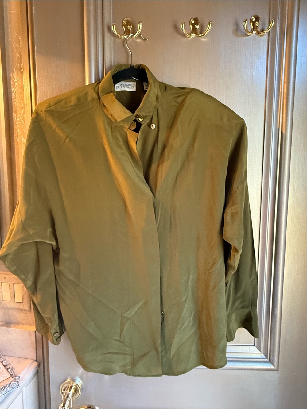 Ellen Tracy Olive Green Silk-Look Button Down Blouse